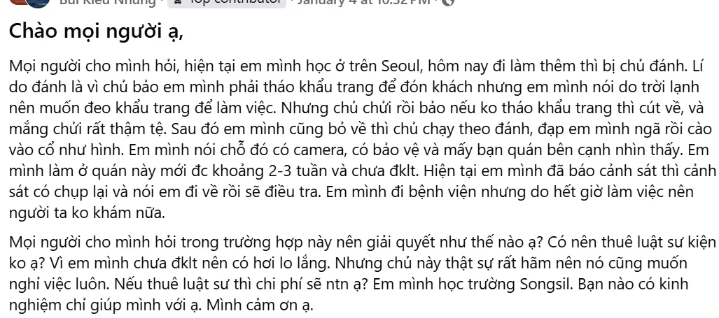 Hướng dẫn sinh viên Việt Nam cách xử lý khi bị hành hung tại nơi làm việc ở Hàn Quốc