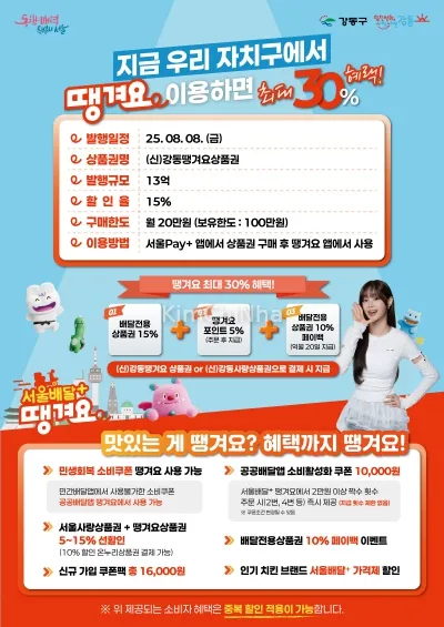 Quận Gangdong phát hành thêm phiếu quà tặng ‘Gangdong Ttaenggyeoyo’ trị giá 1,3 tỷ won, ưu đãi tới 30%