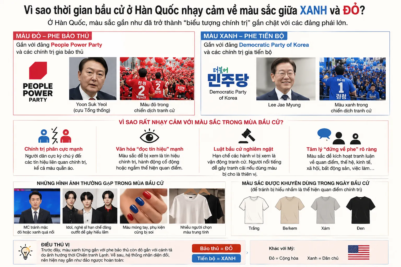 Vì sao quãng thời gian bầu cử tại Hàn Quốc lại nhạy cảm về màu sắc giữa xanh và đỏ 