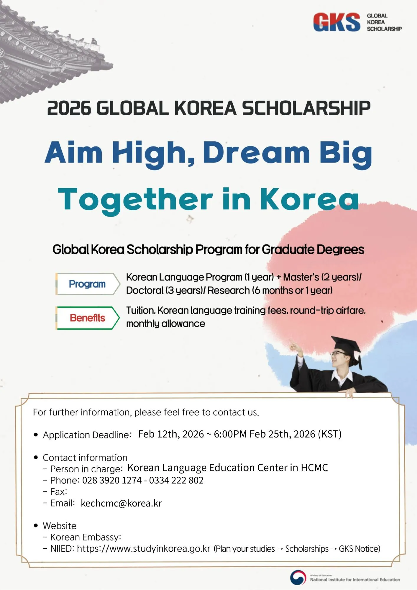  THÔNG BÁO HỌC BỔNG CHÍNH PHỦ HÀN QUỐC BẬC SAU ĐẠI HỌC (GKS-G) 2026 