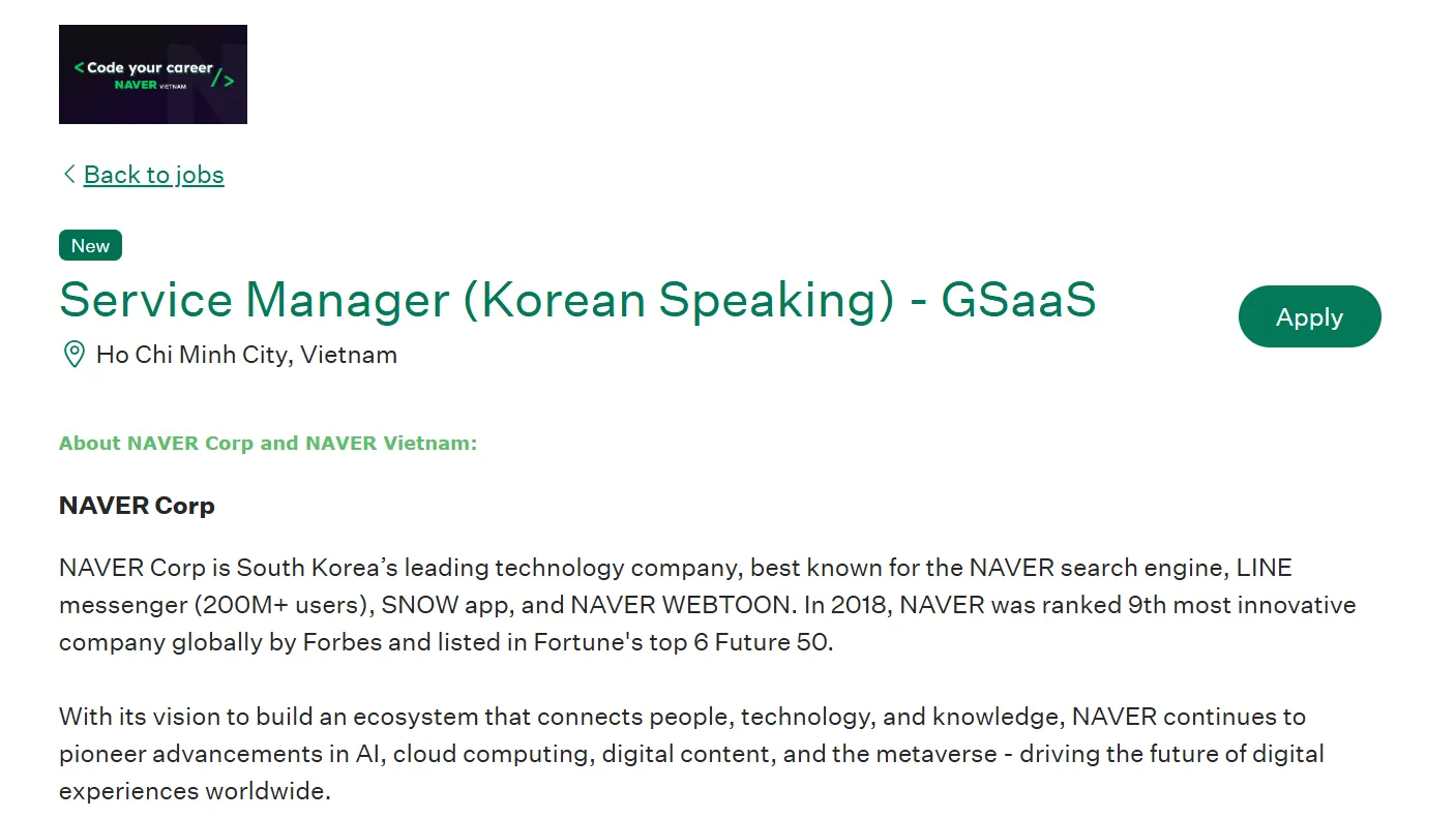 Tuyển Dụng Service Manager (Tiếng Hàn) - Làm Việc Tại NAVER Vietnam (TP.HCM)