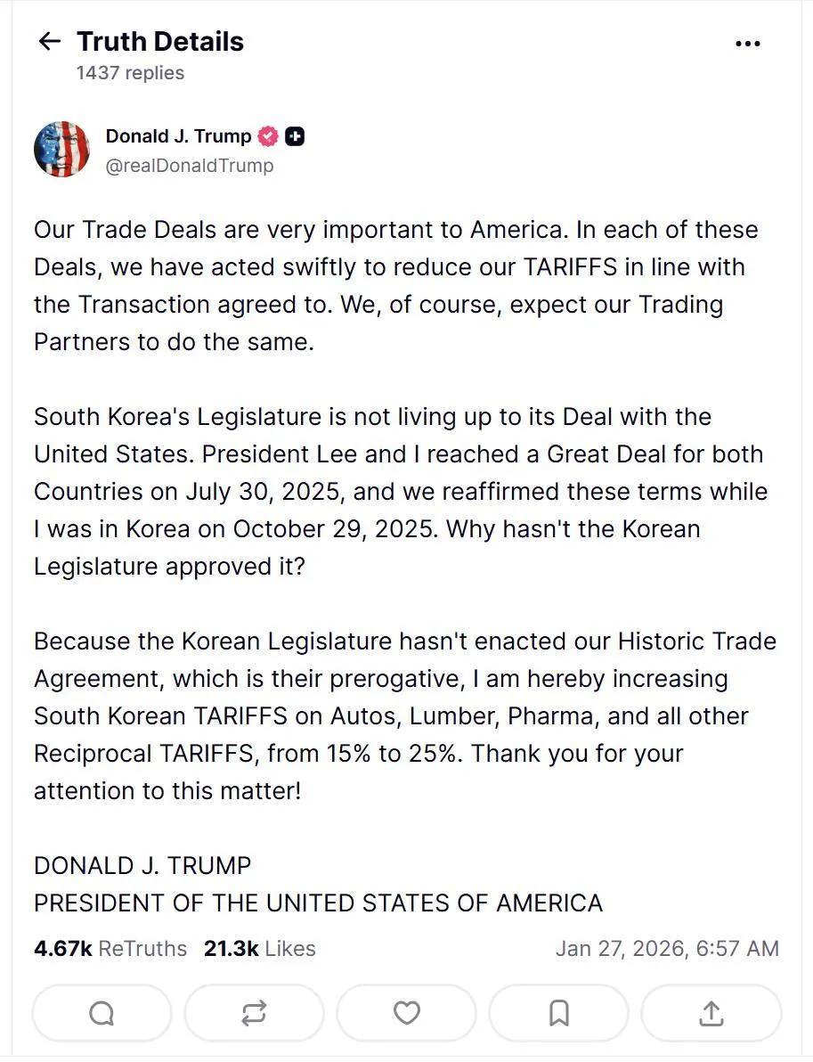 Lại lần nữa ông Trump tuyên bố tăng thuế nhập khẩu với Hàn Quốc lên 25%