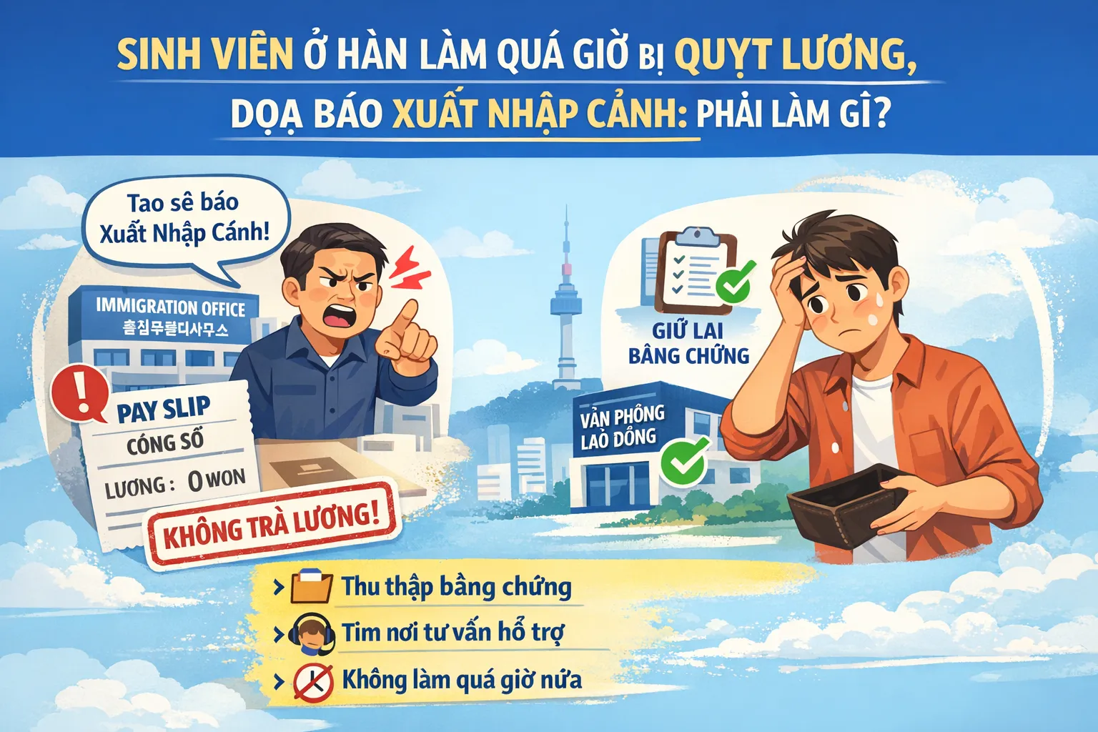 Sinh viên ở Hàn làm quá giờ bị chủ quỵt lương, doạ báo xuất nhập cảnh: Phải làm gì?
