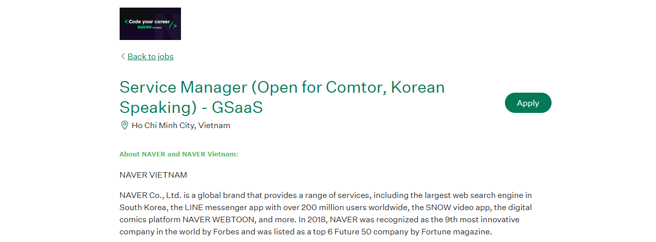 NAVER VIETNAM TUYỂN SERVICE MANAGER (SÀI GÒN)