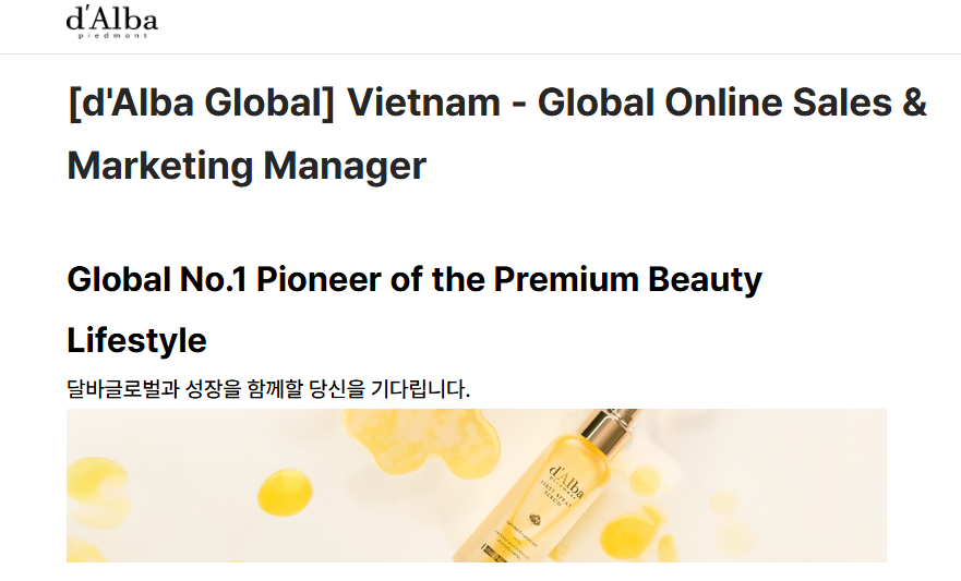 달바글로벌 (d'Alba Global) – Tuyển dụng Quản lý Bán hàng & Tiếp thị Trực tuyến Toàn cầu cho thị trường Việt Nam 🌟