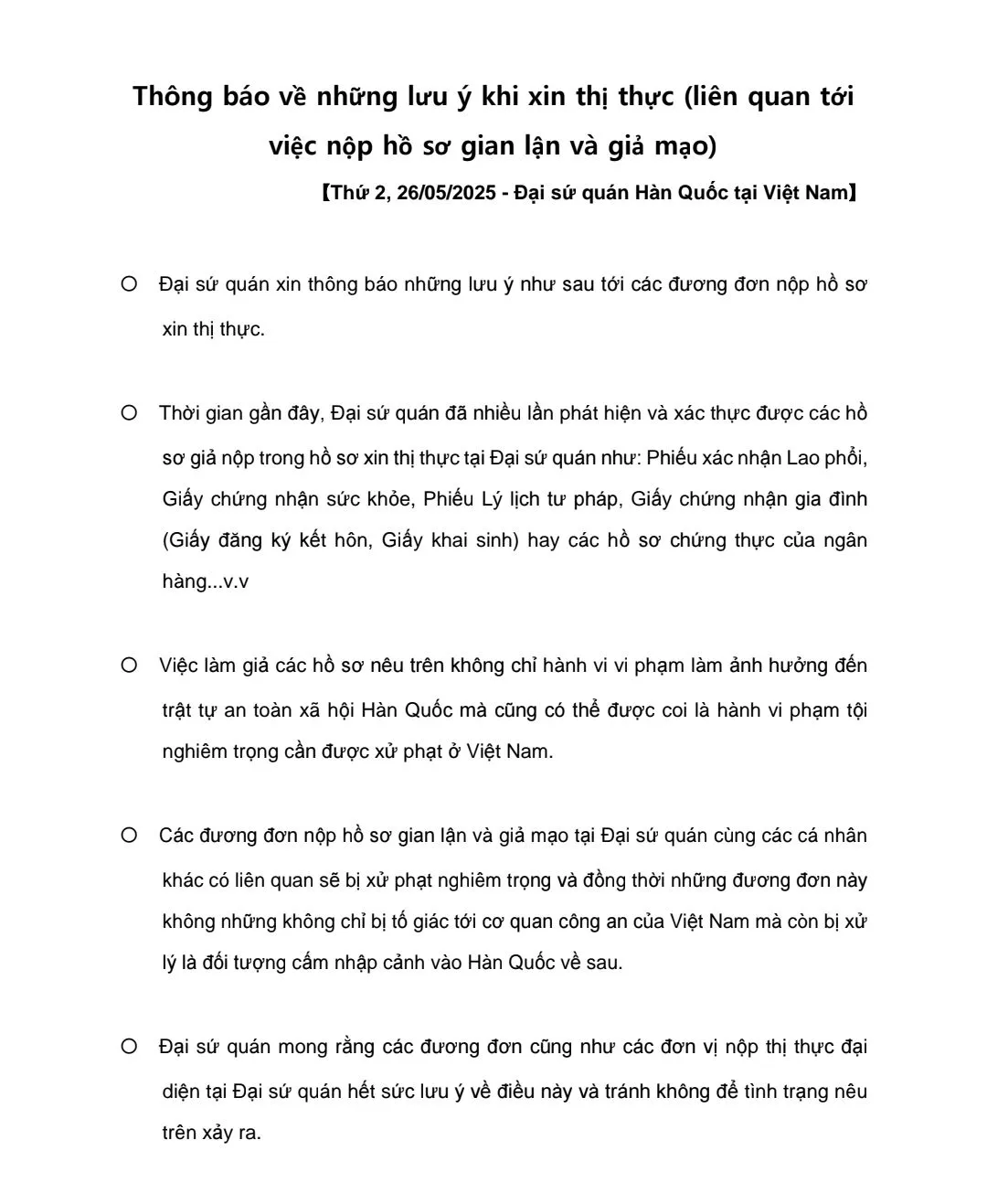 Đại sứ quán Hàn Quốc siết chặt kiểm tra: Mạnh tay xử lý hồ sơ gian lận và giả mạo thị thực
