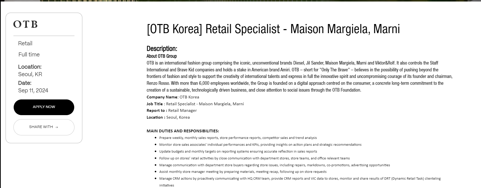 OTB Korea - Tuyển dụng Chuyên viên Bán lẻ (Retail Specialist)