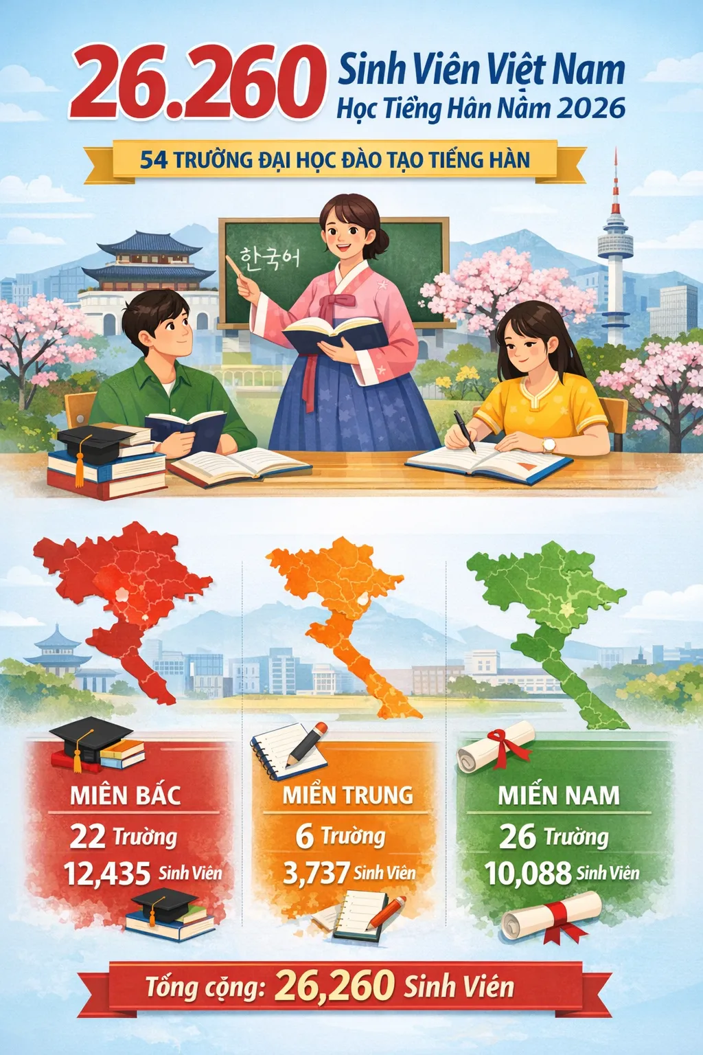Cơn sốt học tiếng Hàn tại Việt Nam : 26.260 sinh viên Việt Nam đang theo học tiếng Hàn tại 54 trường đại học năm 2026
