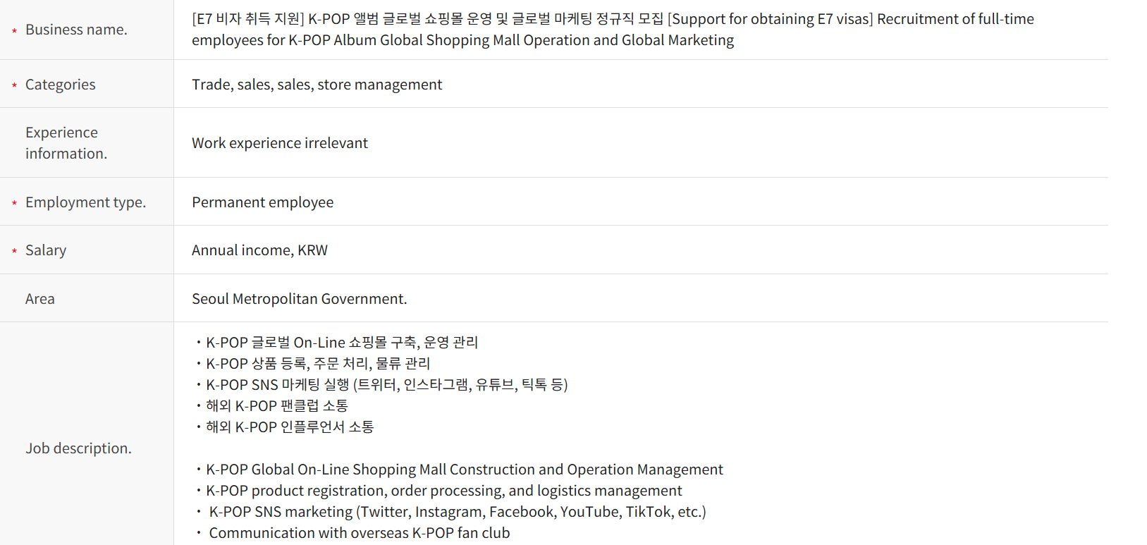 3KH Tuyển Nhân viên chính thức - Quản lý Shopping Mall K-Pop và Marketing Toàn Cầu (Hỗ trợ xin Visa E-7)