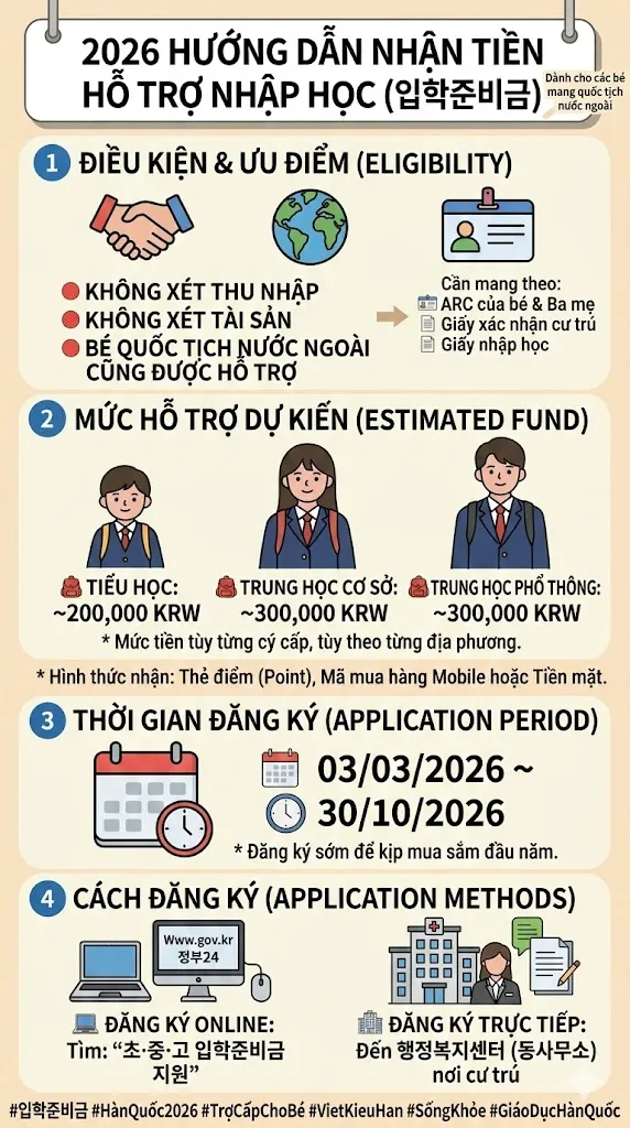 HƯỚNG DẪN NHẬN TIỀN HỖ TRỢ NHẬP HỌC 2026 TẠI HÀN QUỐC (입학준비금) – ÁP DỤNG CHO CẢ BÉ QUỐC TỊCH NƯỚC NGOÀI