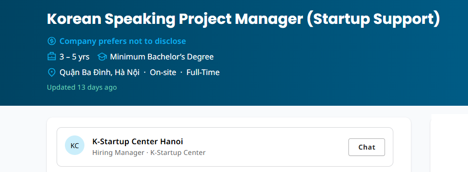 K-Startup Center (KSC) Hà Nội tuyển nhân viên Quản lý dự án (Hỗ trợ Startup, thông thạo tiếng Hàn, Lương 1,300~1,700 USD/ tháng)